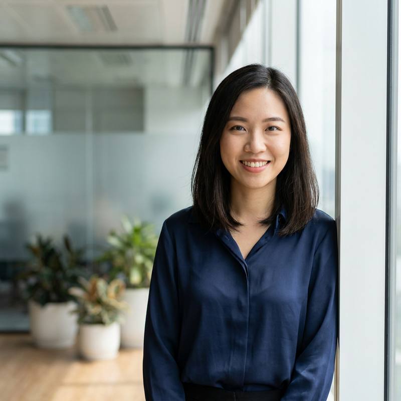 Conseillère clientèle Haussrel souriante dans un bureau moderne éclairé à la lumière du jour