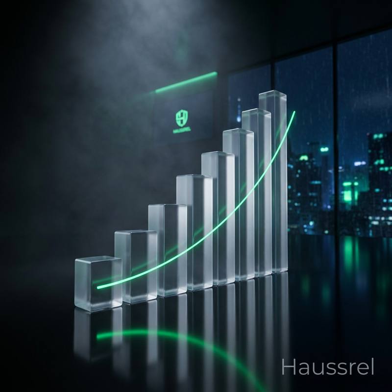Histogramme en verre dépoli surmonté d'une courbe vert néon ascendante, devant une baie vitrée ouverte sur une ville de nuit