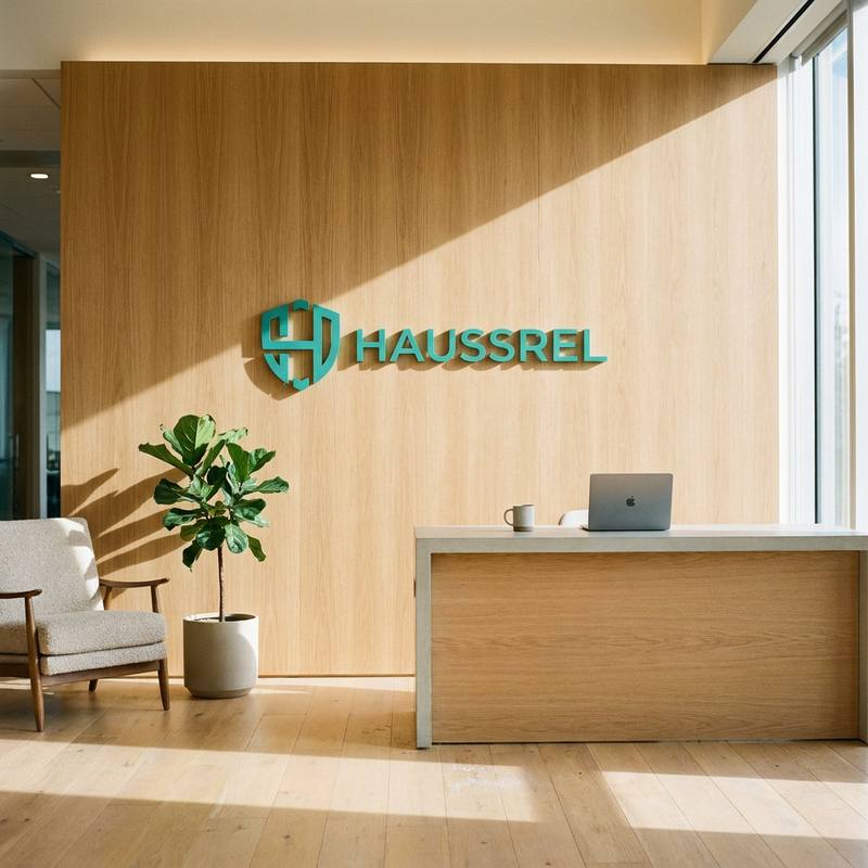Accueil du siège de Haussrel : mur en bois clair portant l'enseigne Haussrel, plante verte, fauteuil et comptoir de réception dans une lumière naturelle